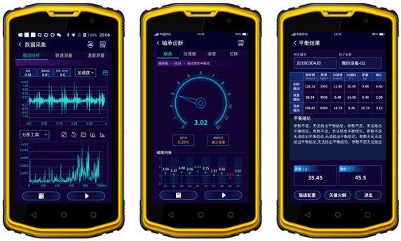 圖. 4 智能振動(dòng)分析（左）、智能軸承診斷（中）、轉(zhuǎn)子動(dòng)平衡（右）